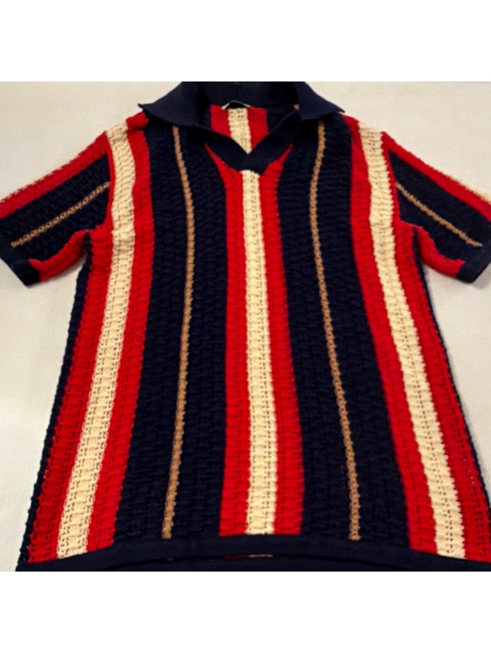 MAVRANS Mens L Knit Polo Shirt Short Sleeve Striped Collared Navy Red Cream